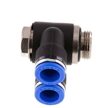 10mm x G3/8'' Doppeltes 90-Grad-Winkel-Steckfitting mit Außengewinde Messing/PA 66 NBR Drehbar