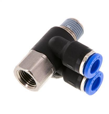 6mm x R1/8'' Doppeltes 90-Grad-Winkel-Steckfitting mit Außen- und Innengewinde Messing/PA 66 NBR drehbar [2 Stück]