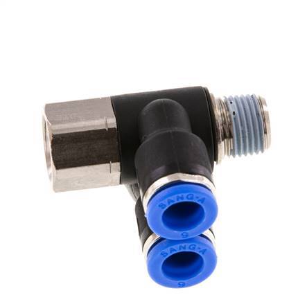 6mm x R1/8'' Doppeltes 90-Grad-Winkel-Steckfitting mit Außen- und Innengewinde Messing/PA 66 NBR drehbar [2 Stück]