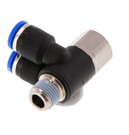 6mm x R1/8'' Doppeltes 90-Grad-Winkel-Steckfitting mit Außen- und Innengewinde Messing/PA 66 NBR drehbar [2 Stück]