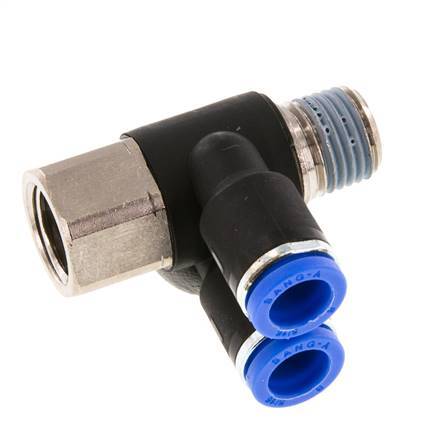 8mm x R1/4'' Doppeltes 90-Grad-Winkel-Steckfitting mit Außen- und Innengewinde Messing/PA 66 NBR Drehbar