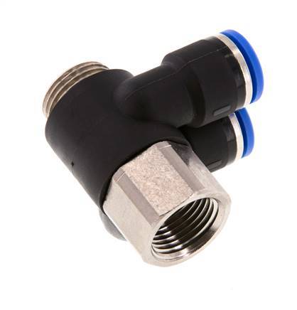 10mm x G3/8'' Doppeltes 90-Grad-Winkel-Steckfitting mit Außen- und Innengewinde Messing/PA 66 NBR Drehbar