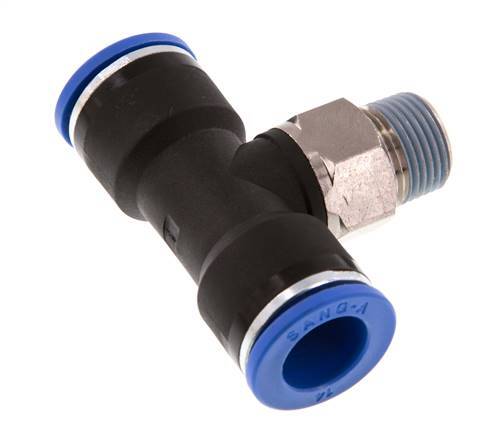 14mm x R3/8'' Inline-T-Stück Steckverschraubung mit Außengewinde Messing/PA 66 NBR drehbar