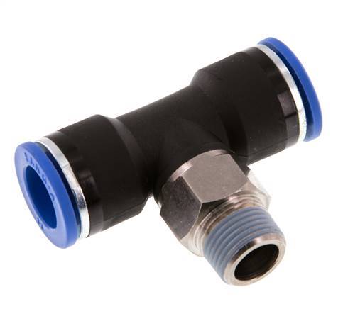 14mm x R3/8'' Inline-T-Stück Steckverschraubung mit Außengewinde Messing/PA 66 NBR drehbar