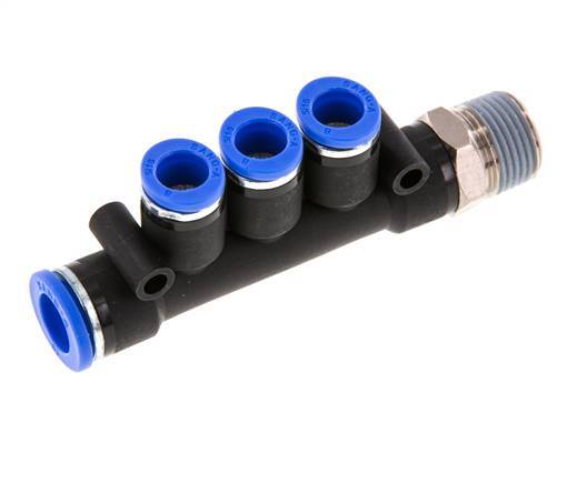 8mm x 10mm x R3/8'' 3-Wege-Verteiler-Steckverschraubung mit Außengewinde Messing/PA 66 NBR drehbar