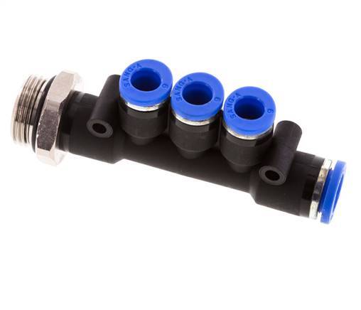 6mm x 8mm x G3/8'' 3-Wege-Verteiler-Steckverschraubung mit Außengewinde Messing/PA 66 NBR drehbar