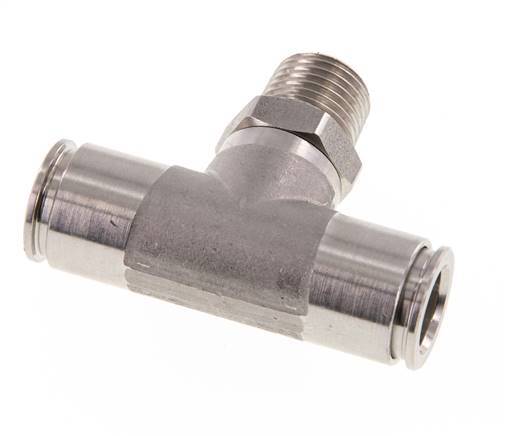 10mm x R1/4'' Inline Tee Push-in Fitting with Male Threads Stainless Steel FKM Rotatable