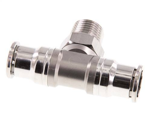 16mm x R1/2'' Inline Tee Push-in Fitting with Male Threads Stainless Steel FKM Rotatable