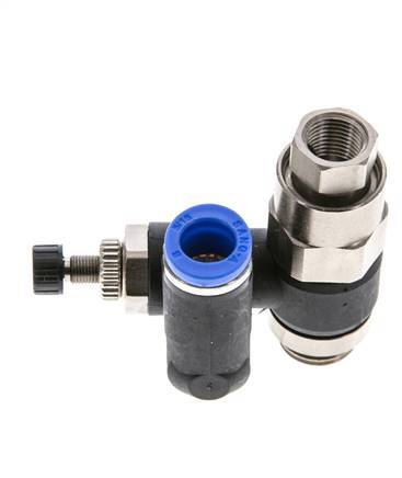 Durchflussregelungs-Schalldämpfer-Ausgang drehbar 8 mm - G1/4''-G1/8'' Messing/PA 66 mit vorgesteuertem Rückschlagventil