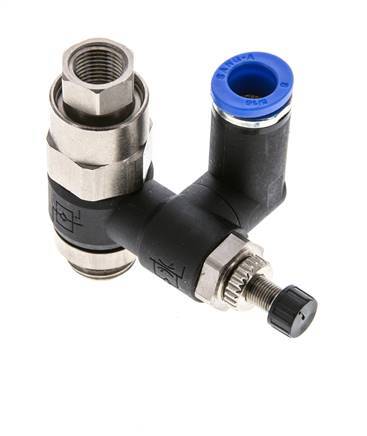 Durchflussregelungs-Schalldämpfer-Ausgang drehbar 8 mm - G1/4''-G1/8'' Messing/PA 66 mit vorgesteuertem Rückschlagventil