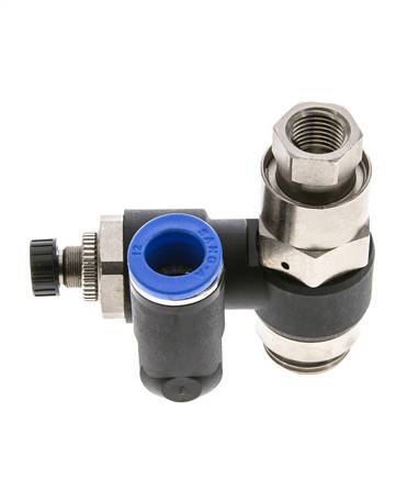 Durchflussregelungs-Schalldämpfer-Ausgang drehbar 12 mm - G1/2''-G1/4'' Messing/PA 66 mit vorgesteuertem Rückschlagventil