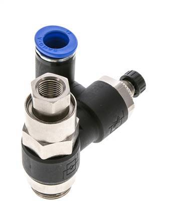 Flow Control Silencer Meter-Out Rotatable 12 mm - G1/2''-G1/4'' Brass/PA 66 with Pilot Operated Check Valve