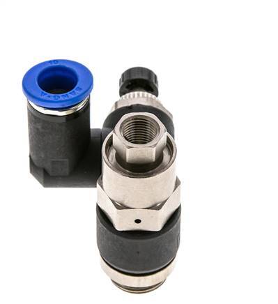 Durchflussregelungs-Schalldämpfer Auslass drehbar 10 mm - G3/8''-G1/8'' Messing/PA 66 mit vorgesteuertem Rückschlagventil
