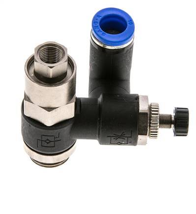 Durchflussregelungs-Schalldämpfer Auslass drehbar 10 mm - G3/8''-G1/8'' Messing/PA 66 mit vorgesteuertem Rückschlagventil