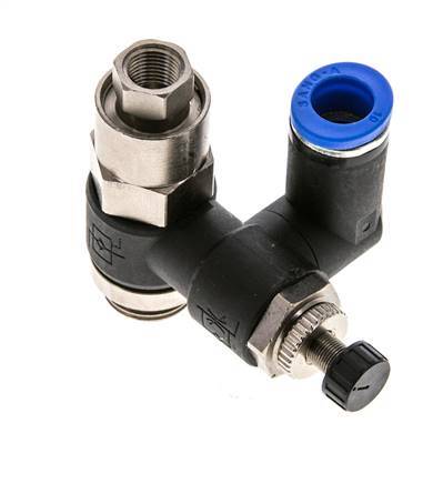 Durchflussregelungs-Schalldämpfer Auslass drehbar 10 mm - G3/8''-G1/8'' Messing/PA 66 mit vorgesteuertem Rückschlagventil