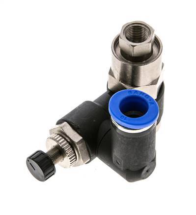 Durchflussregelungs-Schalldämpfer Auslass drehbar 10 mm - G3/8''-G1/8'' Messing/PA 66 mit vorgesteuertem Rückschlagventil