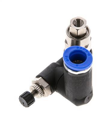 Durchflussregelungs-Schalldämpfer - drehbar 8 mm - G1/8''-M5 Messing/PA 66 mit vorgesteuertem Rückschlagventil