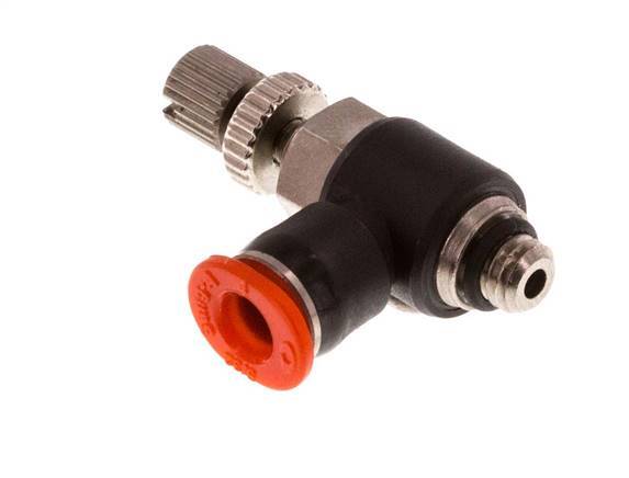 Durchflussregelung Schalldämpfer Meter-In-Winkelstück 4 mm - M5 Messing/PBT