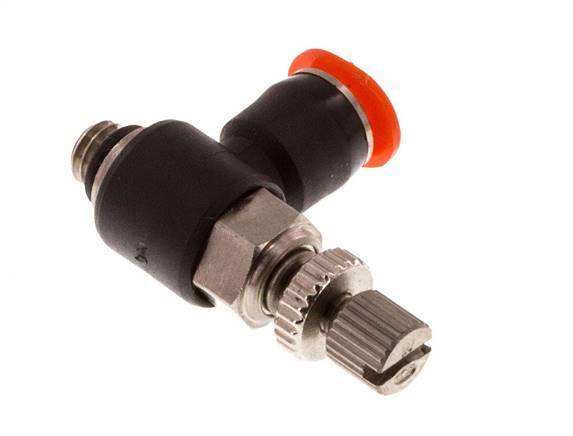 Durchflussregelung Schalldämpfer Meter-In-Winkelstück 4 mm - M5 Messing/PBT