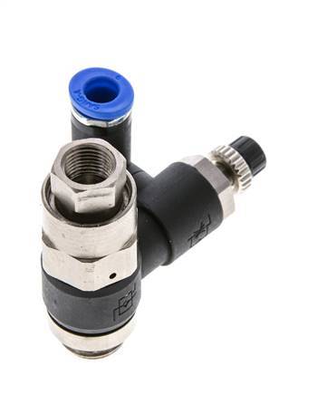 Durchflussregelungs-Schalldämpfer - drehbar 6 mm - G1/4''-G1/8'' Messing/PA 66 mit vorgesteuertem Rückschlagventil