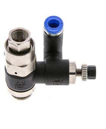 Durchflussregelungs-Schalldämpfer - drehbar 6 mm - G1/4''-G1/8'' Messing/PA 66 mit vorgesteuertem Rückschlagventil