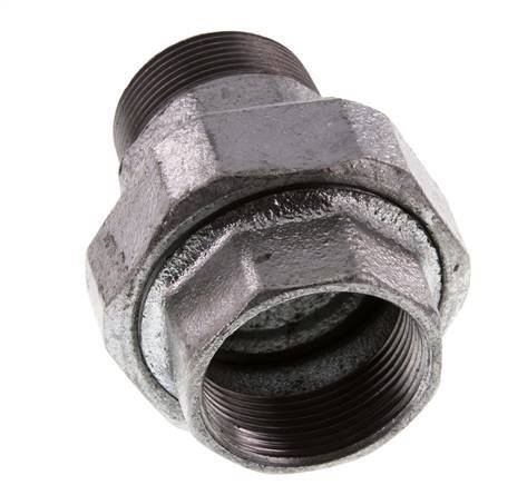 Rp 1 1/2'' x R 1 1/2'' F/M Verzinkter Guss Doppelnippel 3-teilig mit Flachdichtung 25 bar