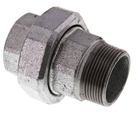 Rp 1 1/2'' x R 1 1/2'' F/M Verzinkter Guss Doppelnippel 3-teilig mit Flachdichtung 25 bar