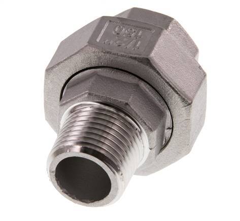 Rp 1/2'' x R 1/2'' F/M Edelstahl Doppelnippel 3-teilig mit Flachdichtung 16 bar