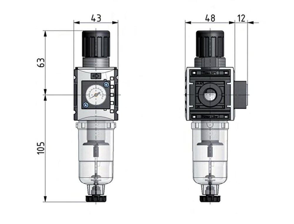 Filter-Regler G1/4'' 1000l/min 0.5-10.0bar/7-145psi 40 mm Manometer Futura 0