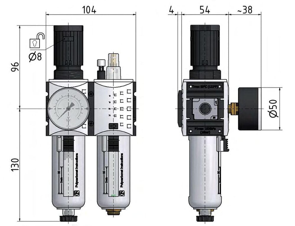 FRL 2-Teilig G3/8'' 1750l/min 0.1-1.0bar/1-14psi Auto Polycarbonat Futura 1