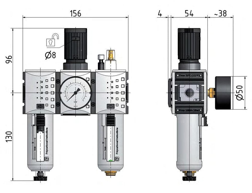 FRL 3-Part G3/8'' 1750 l/min 0.1-1.0bar/1-14psi Semi-Auto Polycarbonate Futura 1