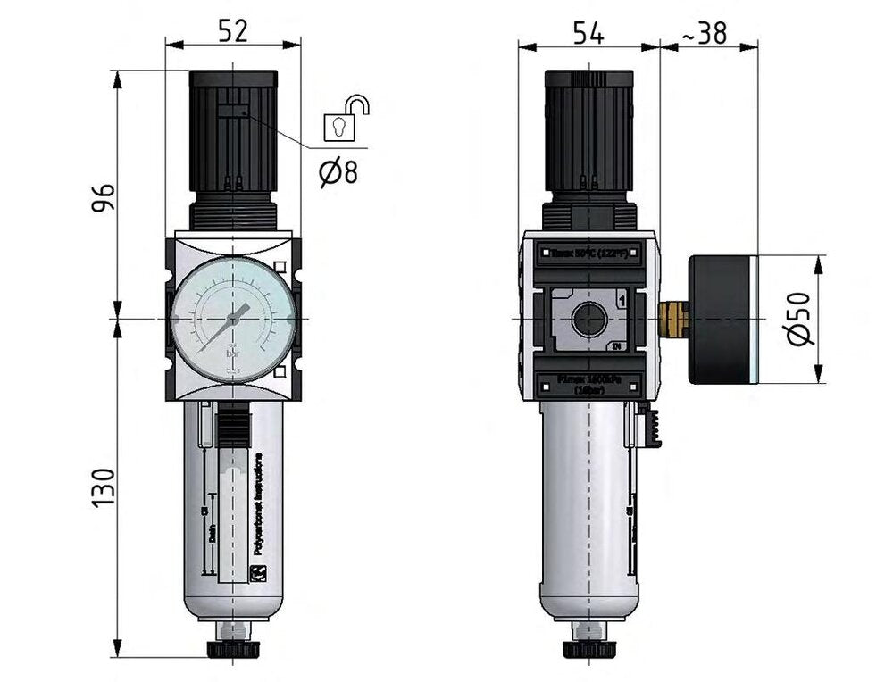 Filter-Regler G3/8'' 2500l/min 0,1-2,0bar/1-29psi Futura 1