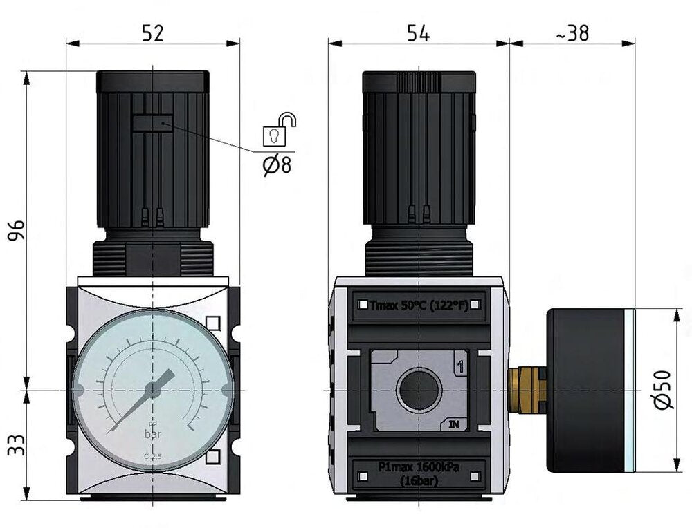 Precision Pressure Regulator G1/4'' 2000 l/min 0.1-1.0bar/1-14psi PA Safety Futura 1