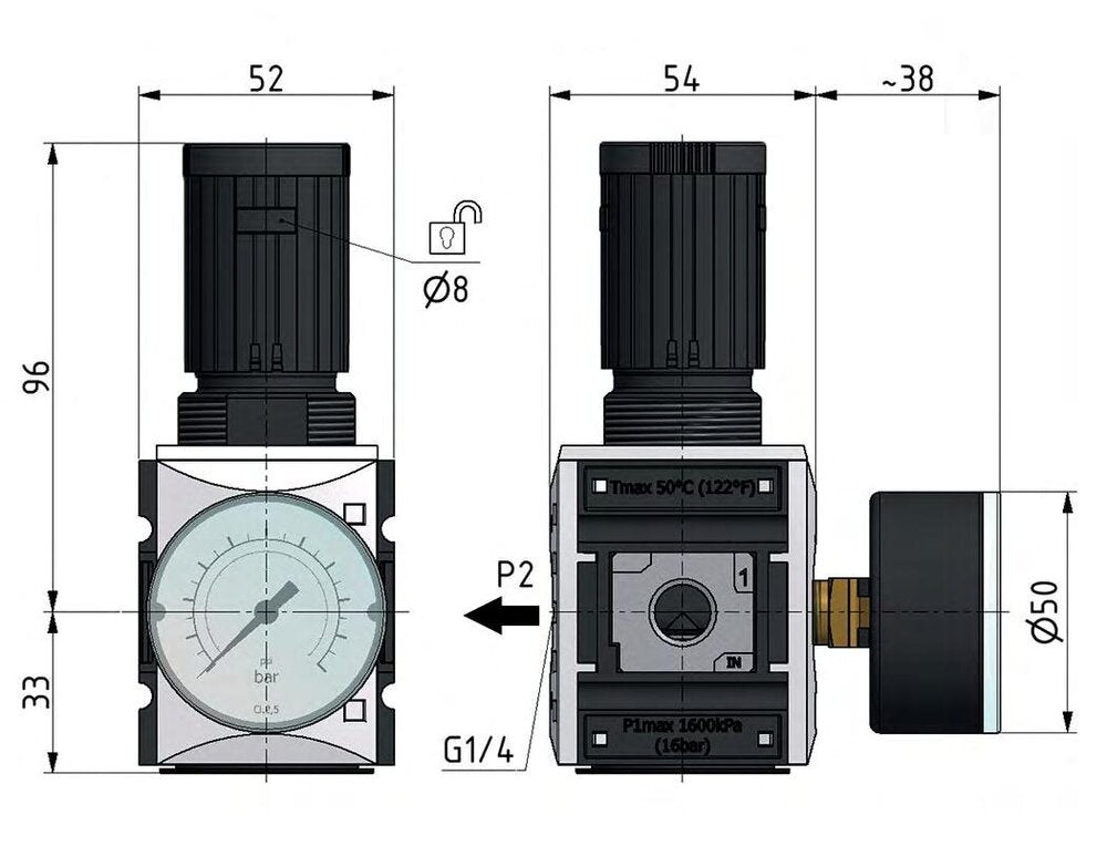 Druckregler für Verteilerbaugruppe G1/4'' und 3/8'' 2500l/min 0,5-10,0bar/7-145psi Futura 1