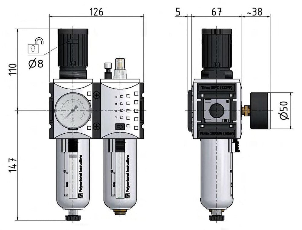 FRL 2-Teilig G3/8'' 3500l/min 0.2-4.0bar/3-58psi Auto Polycarbonat Futura 2