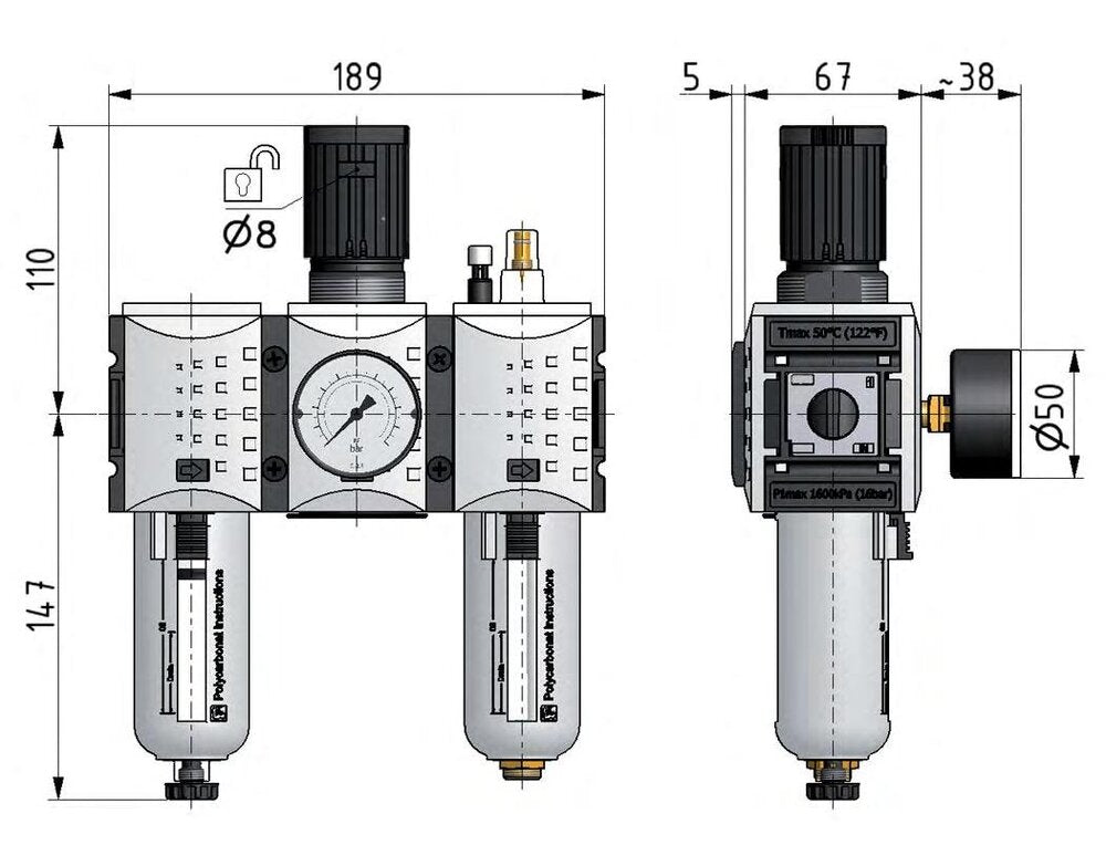 FRL 3-Part G1/2'' 3500 l/min 0.2-4.0bar/3-58psi Auto Metal Futura 2