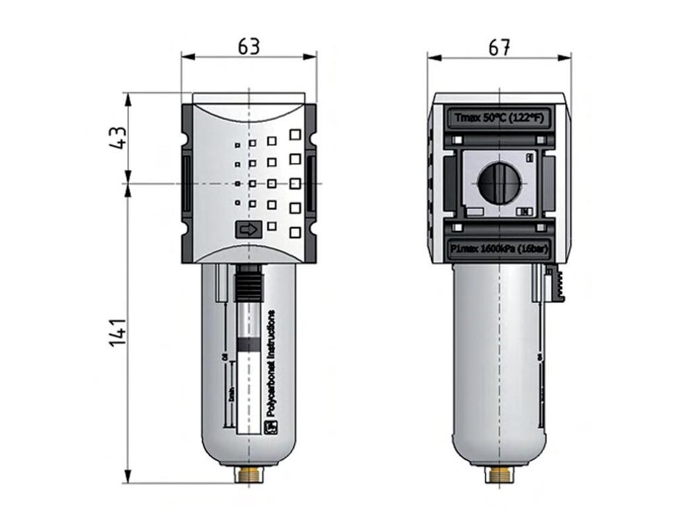 Aktivkohlefilter G3/8'' 1700l/min ohne Entwässerung Polycarbonat Futura 2