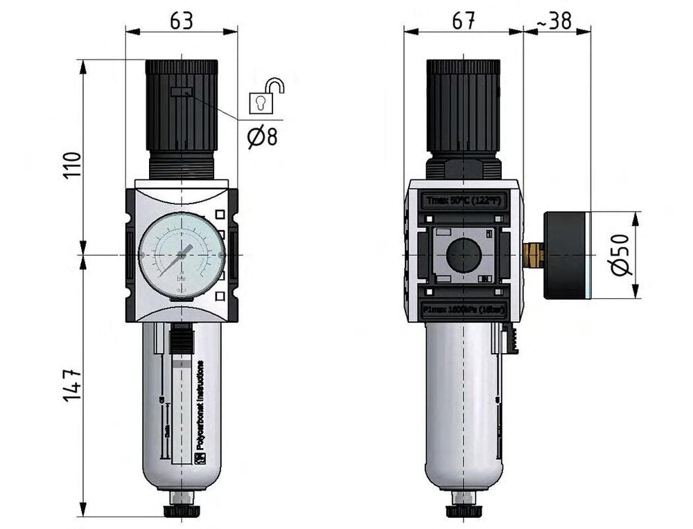Filter-Regulator G1/2'' 5200 l/min 0.5-10.0bar/7-145psi Semi-Auto Metal Futura 2