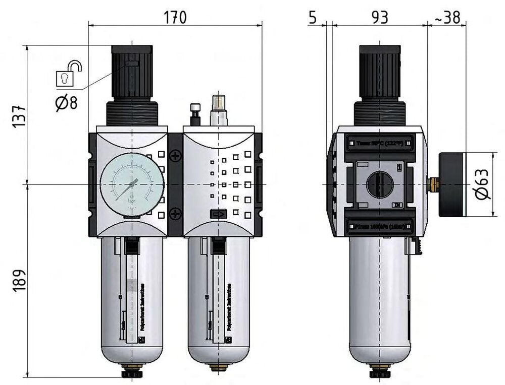 FRL 2-Teilig G3/4'' 12000l/min 0.5-16.0bar/7-232psi Semi-Auto Metall Futura 4