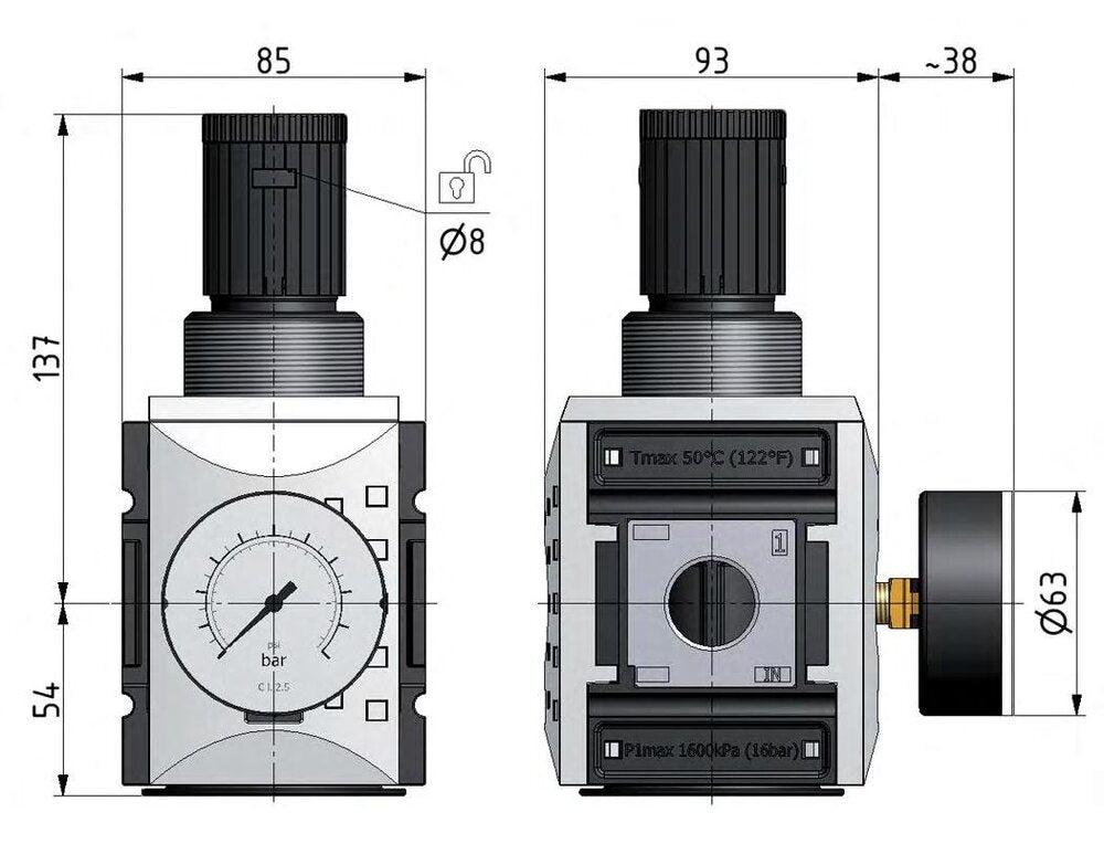 Druckregler G3/4'' 14200l/min 0,5-8,0bar/7-116psi Sicherheit Futura 4