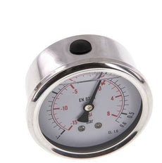 -1..0.6 Bar (-15..9 psi) Glyzerin-Manometer Rückseite Edelstahl/Messing 63 mm Klasse 1.6