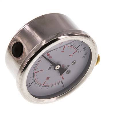 -1..0.6 Bar (-15..9 psi) Glyzerin-Manometer Unten Edelstahl/Messing 63 mm Klasse 1.6