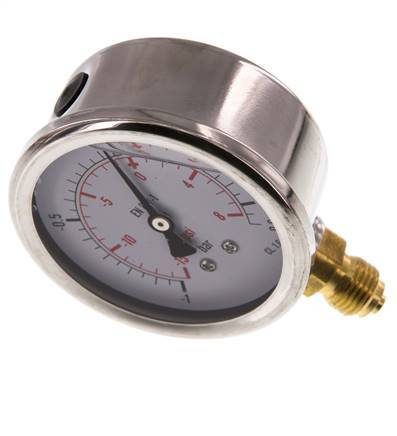 -1..0.6 Bar (-15..9 psi) Glyzerin-Manometer Unten Edelstahl/Messing 63 mm Klasse 1.6