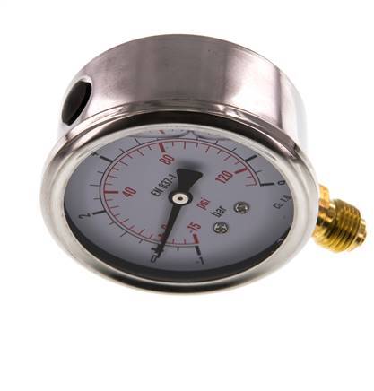 -1..9 Bar (-15..131 psi) Glyzerin-Manometer Unten Edelstahl/Messing 63 mm Klasse 1.6