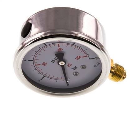 0..10 Bar (0..145 psi) Glyzerin-Manometer Unten Edelstahl/Messing 63 mm Klasse 1.6
