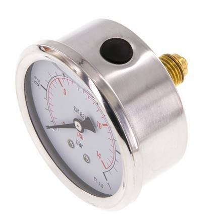 0..1 Bar (0..15 psi) Glycerin Pressure Gauge Rear Stainless steel/Brass 63 mm Class 1.6