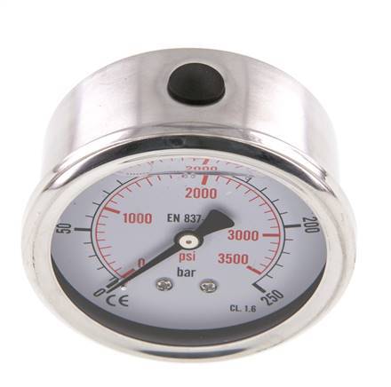 0..250 Bar (0..3626 psi) Glycerin Pressure Gauge Rear Stainless steel/Brass 63 mm Class 1.6
