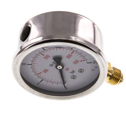 0..25 Bar (0..363 psi) Glyzerin-Manometer Unten Edelstahl/Messing 63 mm Klasse 1.6