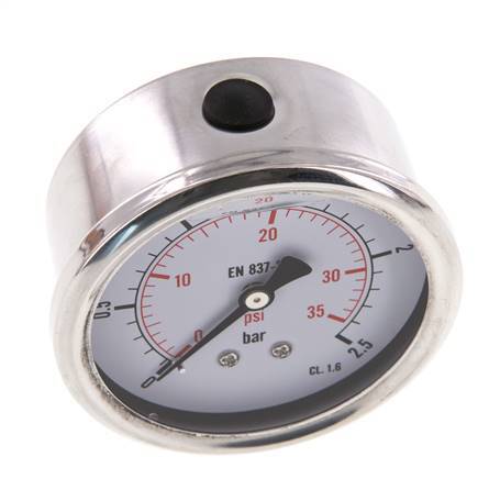 0..2.5 Bar (0..36 psi) Glyzerin-Manometer Rückseite Edelstahl/Messing 63 mm Klasse 1.6