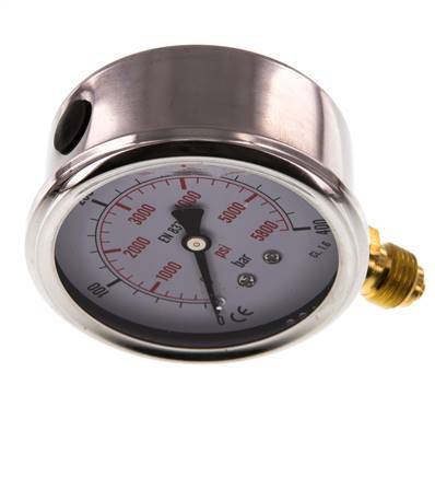 0..400 Bar (0..5802 psi) Glyzerin-Manometer Unten Edelstahl/Messing 63 mm Klasse 1.6